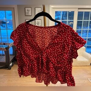 Red Heart Print Crop Ruffle Blouse